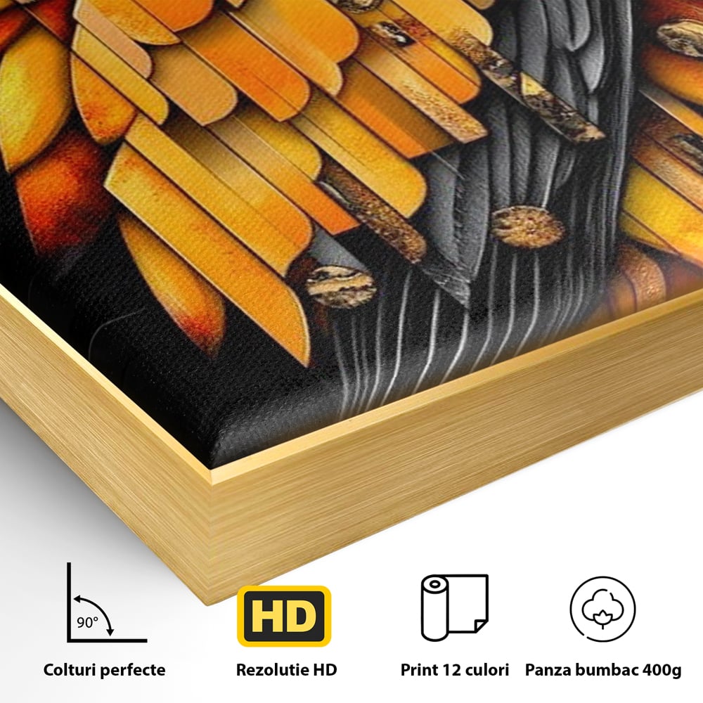Detaliu al suprafetei: tablou canvas cu pasare geometrica aurie, in rama de aluminiu auriu